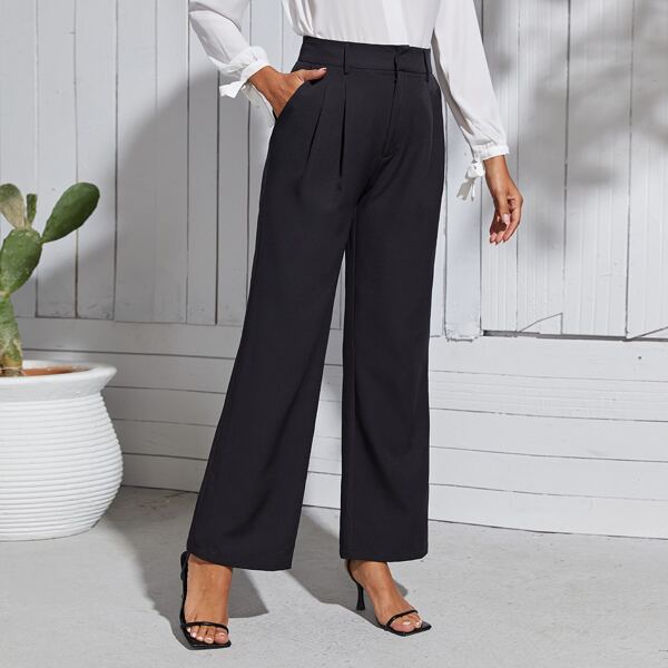

High Waist Solid Wide Leg Pants, Black