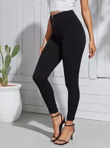SHEIN Essnce 高腰拉鏈門襟緊身褲 - 黑色 - 查看 2