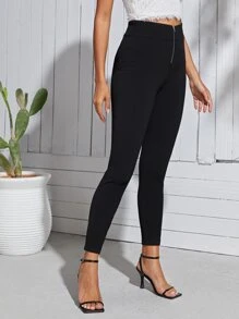 SHEIN Essnce 高腰拉鏈門襟緊身褲 - 黑色 - 查看 5