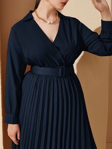 大碼1入組交叉領燈籠袖百褶下擺繫腰帶洋裝 - 藏蓝色 - 查看 3