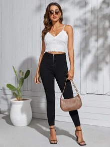 SHEIN Essnce 高腰拉鏈門襟緊身褲 - 黑色 - 查看 6