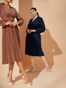 大碼1入組交叉領燈籠袖百褶下擺繫腰帶洋裝 - 藏蓝色 - 查看 4