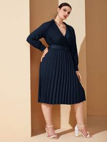 大碼1入組交叉領燈籠袖百褶下擺繫腰帶洋裝 - 藏蓝色 - 查看 5