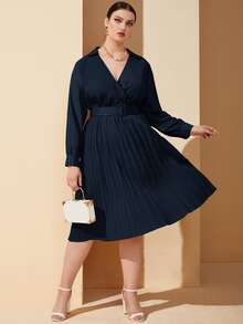 大碼1入組交叉領燈籠袖百褶下擺繫腰帶洋裝 - 藏蓝色 - 查看 6