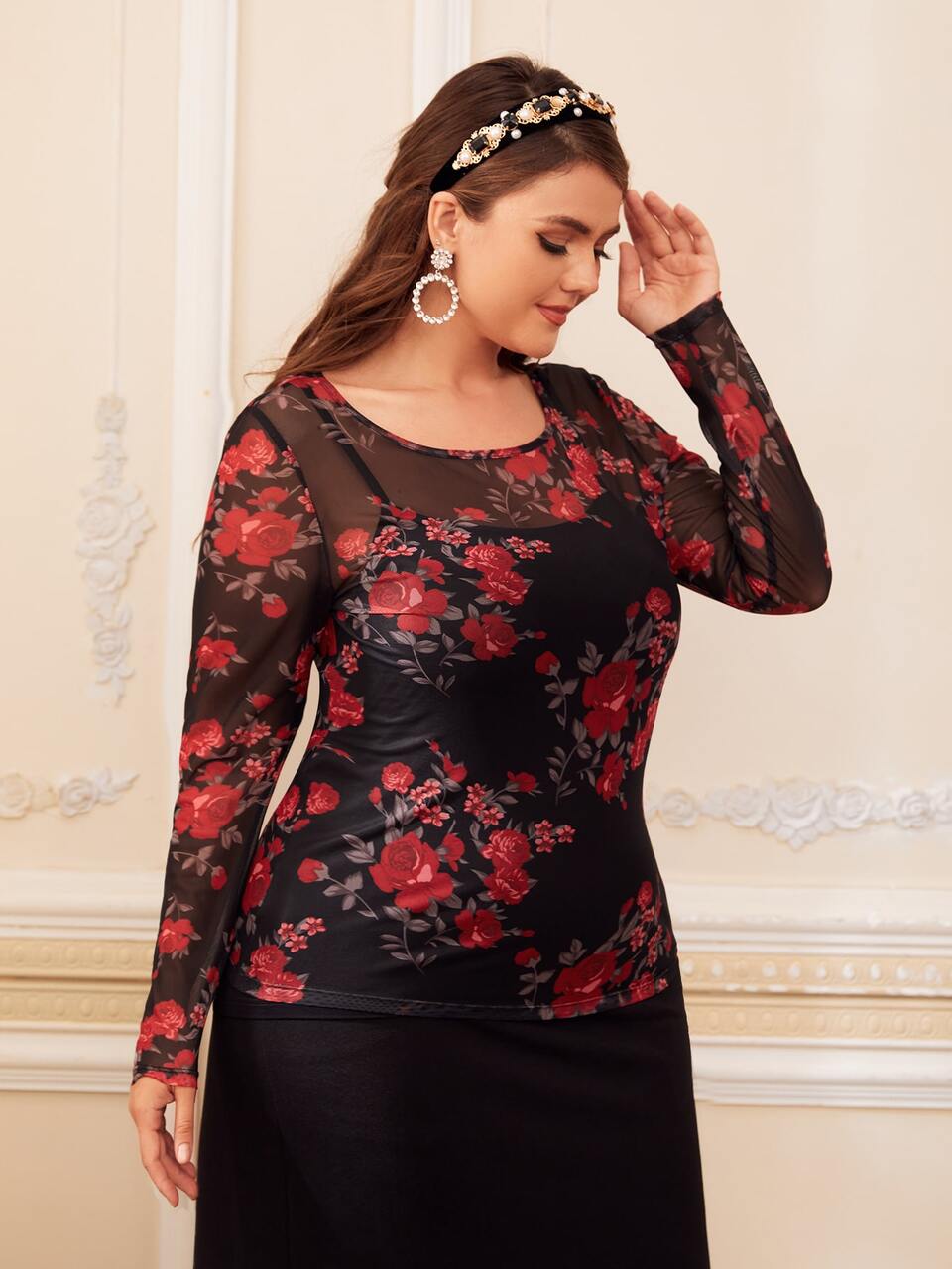 Plus Floral Mesh Top Without Cami