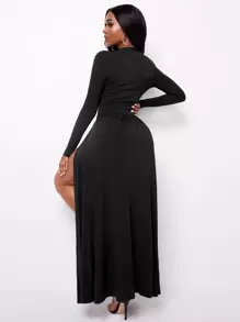 Slaydiva Vestido de cuello profundo con abertura M - Negro - Ver 2