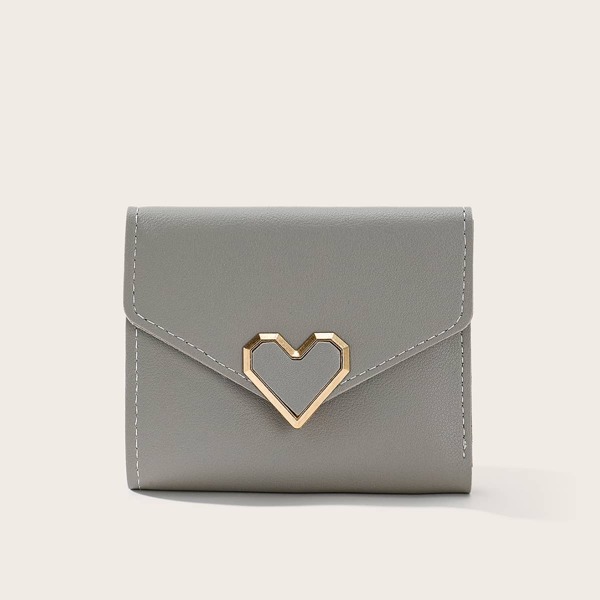 

Heart Decor Fold Over Small Wallet, Grey