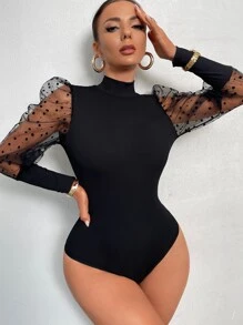 Almamuse Contrast Dobby Mesh Puff Sleeve Mock Neck Bodysuit Fall Cloth For Women - Black - View 1