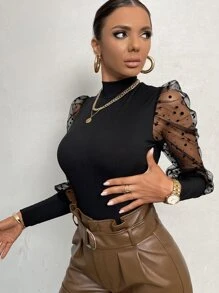 Almamuse Contrast Dobby Mesh Puff Sleeve Mock Neck Bodysuit Fall Cloth For Women - Black - View 3