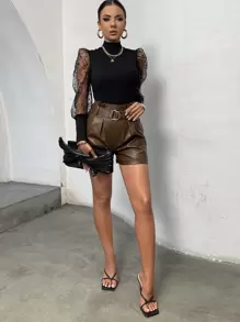 Almamuse Contrast Dobby Mesh Puff Sleeve Mock Neck Bodysuit Fall Cloth For Women - Black - View 4