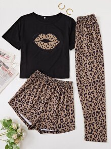 Lip Print Tee and Leopard Shorts & Trousers Pyjama Set - Multicolor - View 1