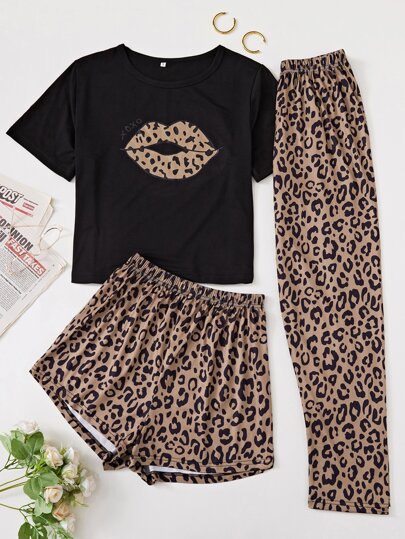 SHEIN con estampado de labio Camiseta con de leopardo Shorts & Pantalones Conjunto de pijama