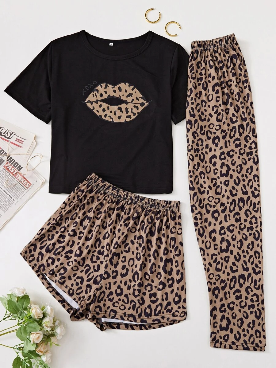 Lip Print Tee and Leopard Shorts & Trousers Pyjama Set - Multicolor - View 1
