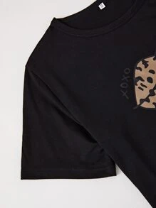 Lip Print Tee and Leopard Shorts & Trousers Pyjama Set - Multicolor - View 3