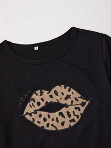 Lip Print Tee and Leopard Shorts & Trousers Pyjama Set - Multicolor - View 4