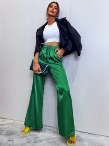 GENKIRA Eo dây rút Xa ten Quần ống rộng Trang phục làm việc - màu xanh lá - Xem 1