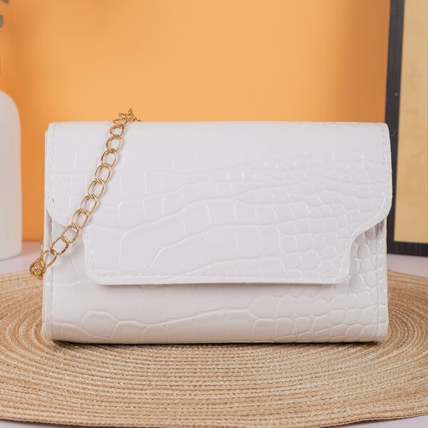 

Croc Embossed Chain Flap Crossbody Bag, White