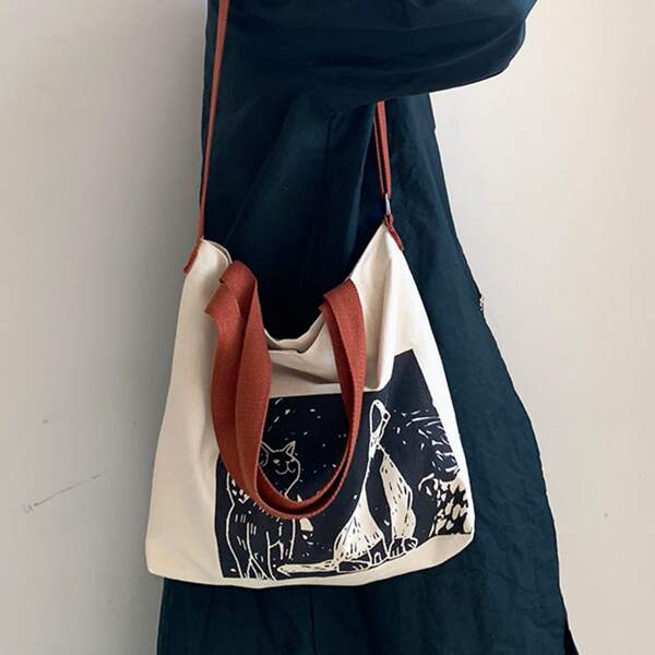

Cartoon Cat Graphic Shopper Bag, Beige