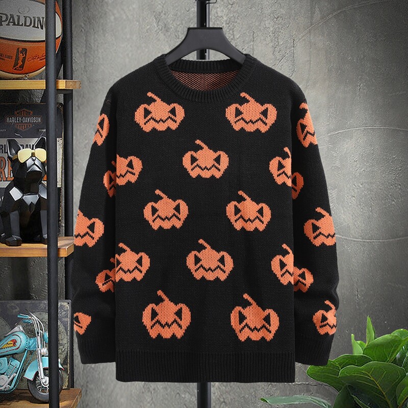

Guys Halloween Pumpkin Print Sweater, Black