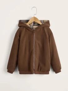 SHEIN Girls Zip Up Drop Shoulder Hooded Reversible Jacket - Coffee Brown - View 1