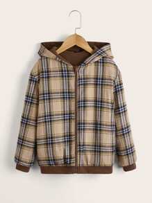 SHEIN Girls Zip Up Drop Shoulder Hooded Reversible Jacket - Coffee Brown - View 6