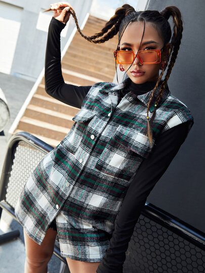 SHEIN EZwear Tartan Flap Pocket Vest Overcoat