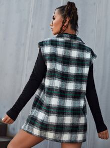 SHEIN EZwear Tartan Flap Pocket Vest Overcoat - Multicolor - View 2