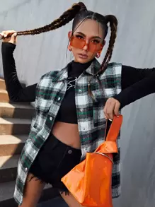 SHEIN EZwear Tartan Flap Pocket Vest Overcoat - Multicolor - View 4