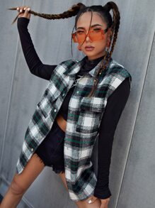 SHEIN EZwear Tartan Flap Pocket Vest Overcoat - Multicolor - View 5