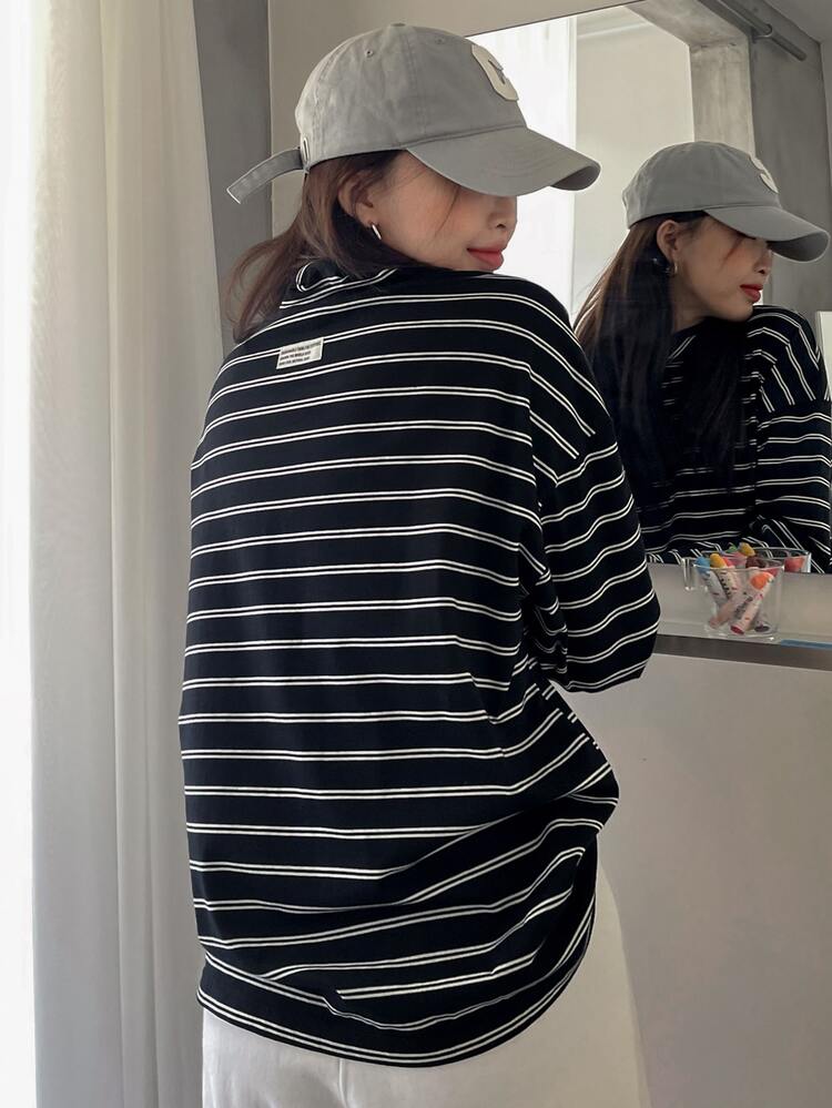 DAZY Áo thun nữ Sọc Giải trí - Đen và trắng - Xem 2