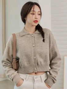 DAZY 落肩袖短款開衫 - 卡其色 - 查看 1