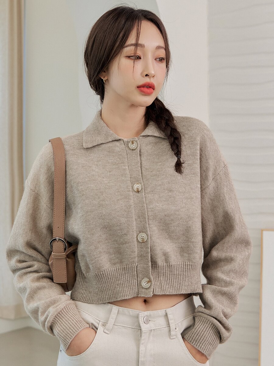 DAZY 落肩袖短款開衫 - 卡其色 - 查看 1