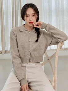 DAZY 落肩袖短款開衫 - 卡其色 - 查看 3