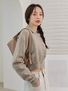 DAZY 落肩袖短款開衫 - 卡其色 - 查看 4