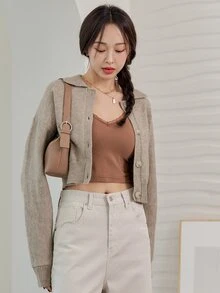 DAZY 落肩袖短款開衫 - 卡其色 - 查看 5