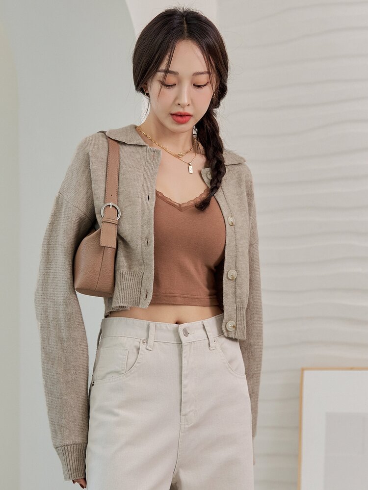 DAZY 落肩袖短款開衫 - 卡其色 - 查看 5