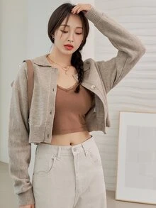DAZY 落肩袖短款開衫 - 卡其色 - 查看 6