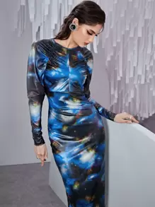 Seusyu Allover Print Ruched Bodycon Dress - Multicolor - View 3