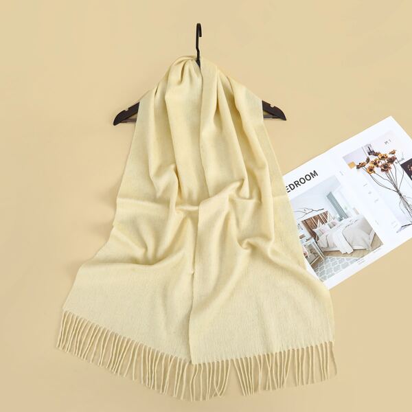 

Fringe Hem Woolen Scarf, Beige