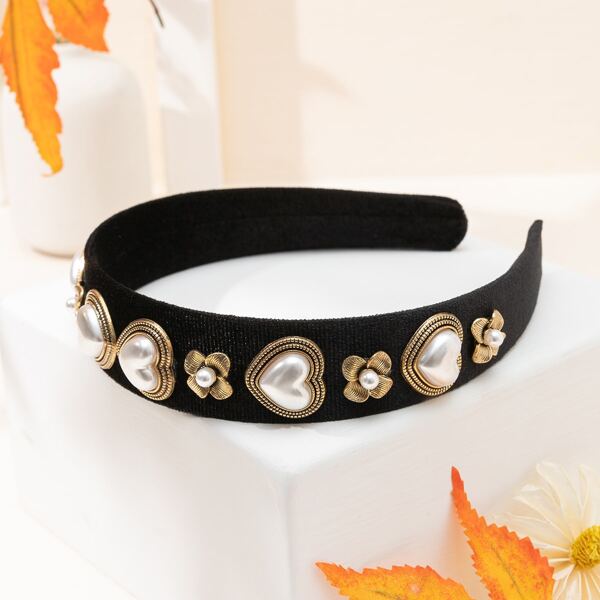 

Heart & Flower Decor Headband, Black