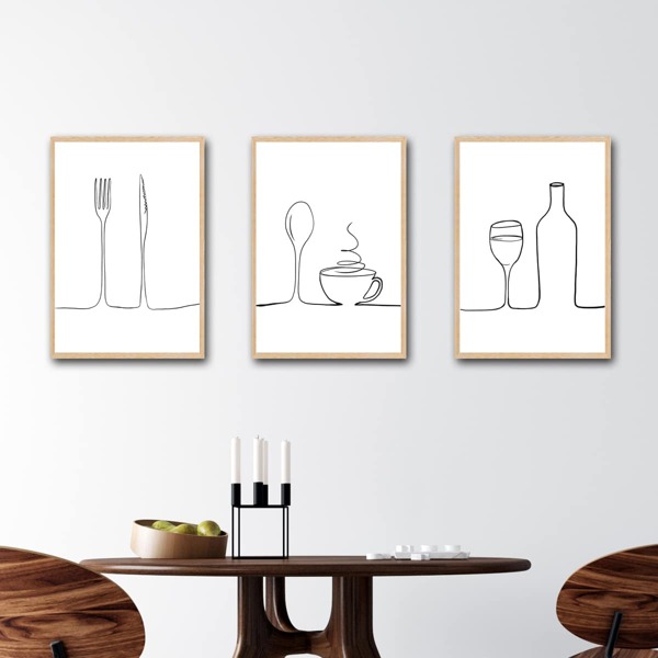 

3pcs Tableware Print Unframed Painting, Black