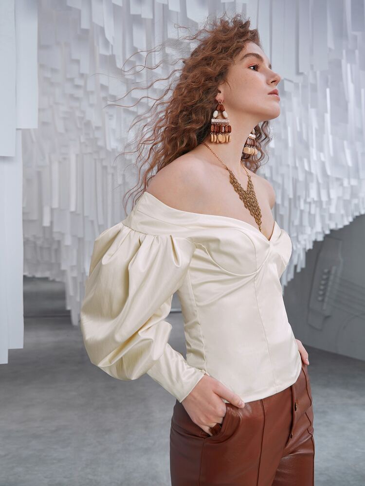 Off Shoulder Bishop Sleeve Sleeve Zip Back Blouse