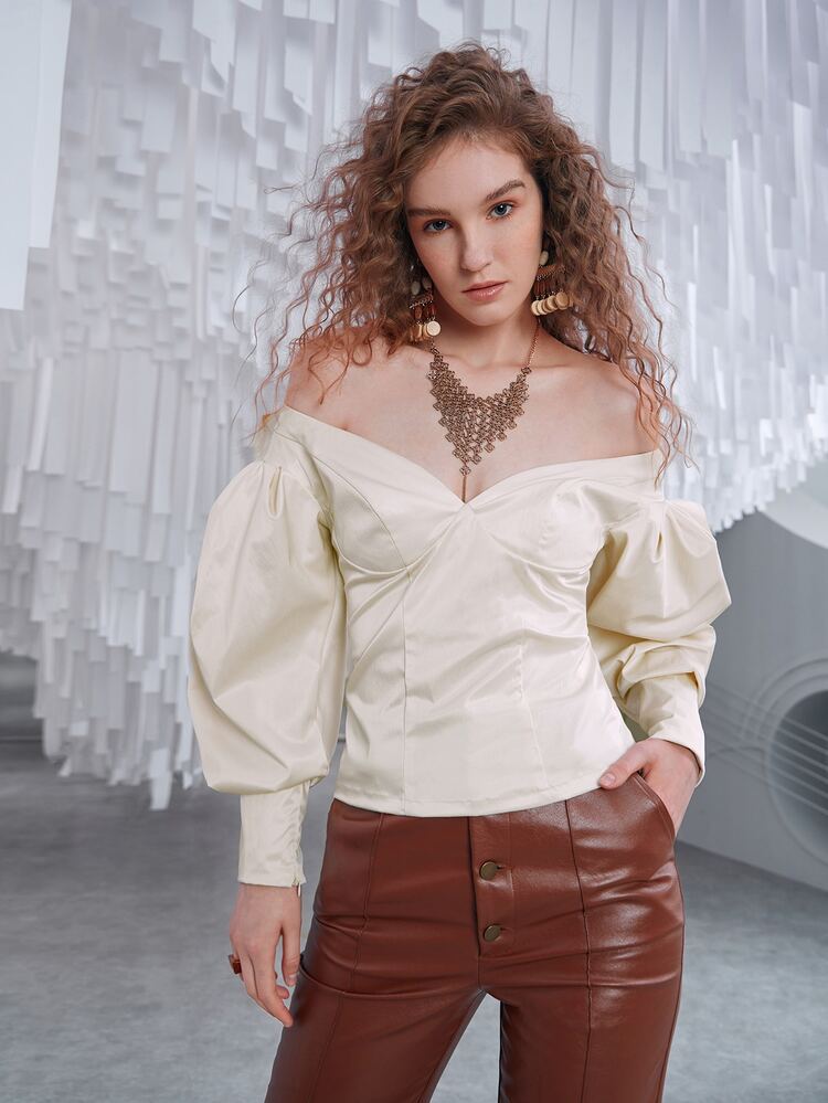 Off Shoulder Bishop Sleeve Sleeve Zip Back Blouse