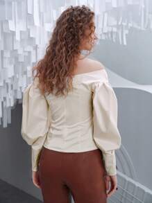 SHEIN Privé Off Shoulder Bishop Sleeve Sleeve Zip Back Blouse - Beige - View 5