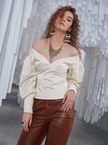 SHEIN Privé Off Shoulder Bishop Sleeve Sleeve Zip Back Blouse - Beige - View 3