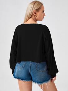 Flirla Áo thun Plus size màu trơn Giải trí - màu đen - Xem 2