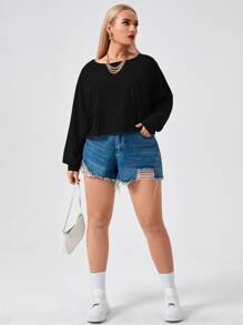 Flirla Áo thun Plus size màu trơn Giải trí - màu đen - Xem 3