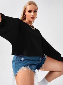 Flirla Áo thun Plus size màu trơn Giải trí - màu đen - Xem 4