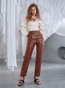 SHEIN Privé Off Shoulder Bishop Sleeve Sleeve Zip Back Blouse - Beige - View 6