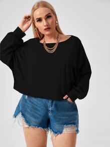 Flirla Áo thun Plus size màu trơn Giải trí - màu đen - Xem 5